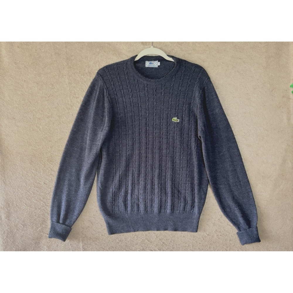 Vtg Lacoste Izod Cable Knit Sweater Mens Sz L Gray‎ Embroidered Logo